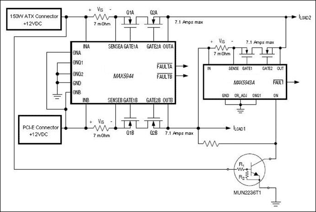 Figure 1. 150W-ATX compliant graphics power-management solution using the MAX5943A and MAX5944.