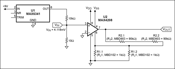 Figure 2. MAX4208 configured with external rejustors provides a gain of 360V/V