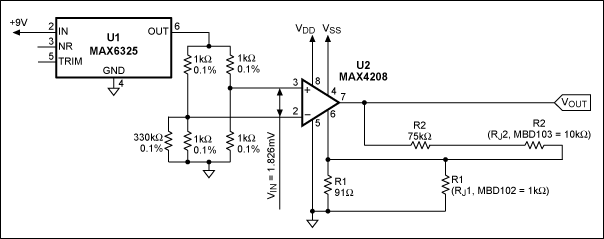 Figure 6. MAX4208 with the combination of external rejustors and resistors to provide a gain of 1000V/V