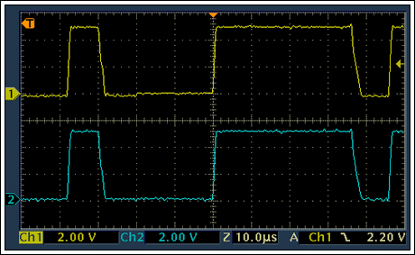 図5. 通信波形、アダプタ(上側)、保護スレーブ(下側)。図4の回路によって1-Wireの信号に歪みは生じません。