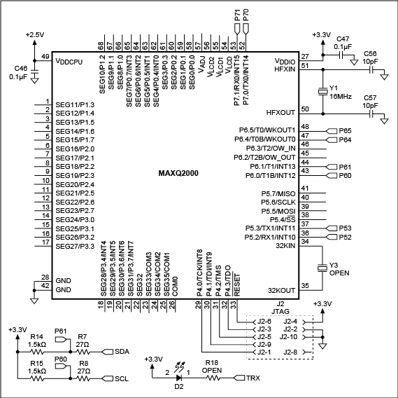 Figure 3. This schematic (based on the MAXQ2000 low-power LCD µC) depicts an I2C master capable of operating in Standard, Fast, or Hs mode.