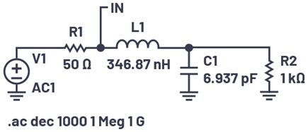  The matching components to match a 50 Ω source to a 1 kΩ load at 100 MHz