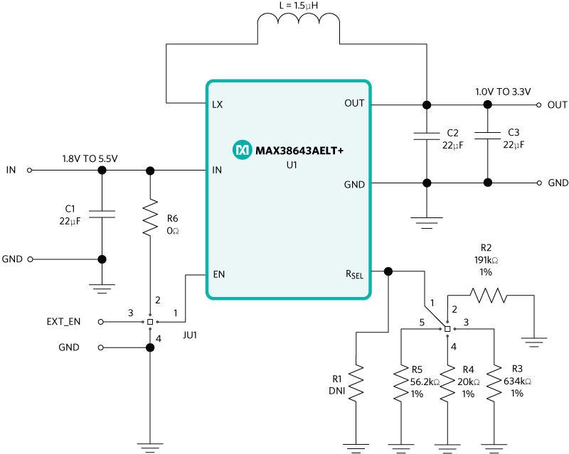 Figure 4. Schematic of the MAX38643 buck converter.