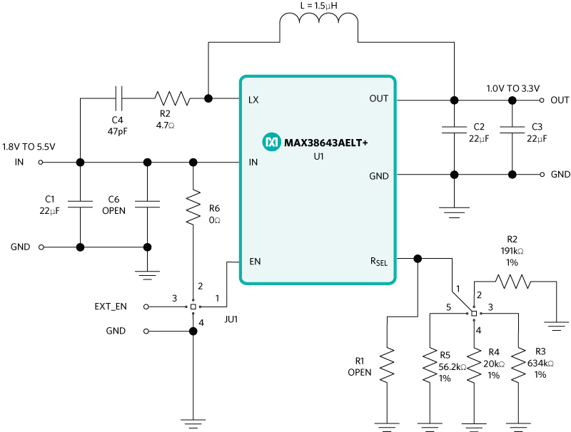 Figure 16. MAX38643 buck converter with a RC snubber (R2, C4) across the switch Q1.