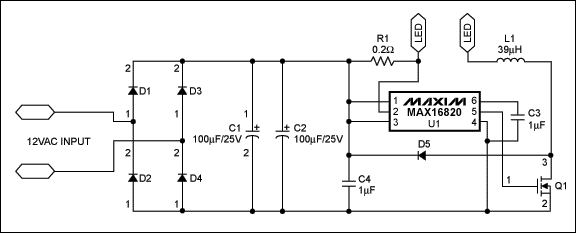 図1. LEDドライバのMAX16820を使用した5W MR16 LEDランプ回路。図中のLEDはLedEnginの5W WLED。
