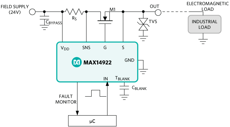 Figure 1. The MAX14922 with an external FET driving a typical digital output load/actuator.