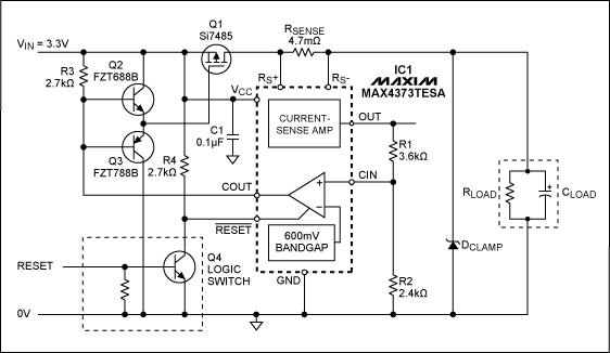 Figure 1. An integrated current-sense amplifier, latched comparator, and reference form a fast-responding, low-voltage, overcurrent-protection circuit.