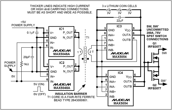 Figure 1.	This circuit enables a 5V logic signal to control an uncommitted (isolated) power switch (Q1-Q2) capable of handling 200A pulses at 75V.