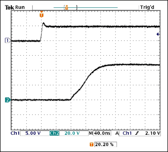 Figure 4. Rise time and ON propagation delay from Figure 3, viewed at a 40ns/cm sweep rate.