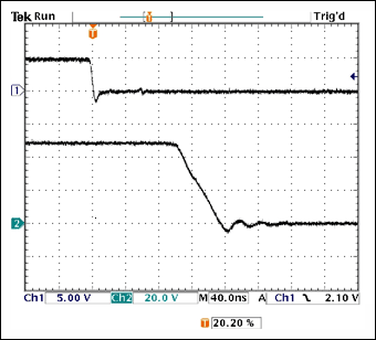 Figure 5. Fall time and OFF propagation delay from Figure 3, viewed at a 40ns/cm sweep rate.