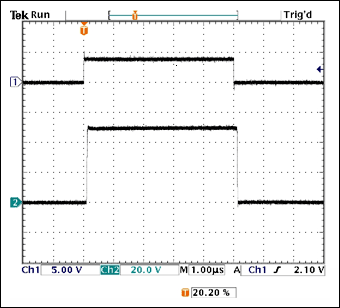 Figure 6. From Figure 1, a 5µs pulse (2), in response to the control signal (1), appears across a load consisting of a 5Ω resistor in series with a 50V power supply.