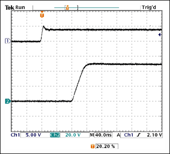 Figure 7. Rise time and ON propagation delay from Figure 6, viewed at a 40ns/cm sweep rate.