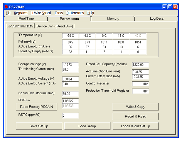 図1. ParametersタブのApplication Unitsサブタブを使って、mA、V、mAhrs、mΩなどの慣習的な単位でユーザがアプリケーションデータを入力します。