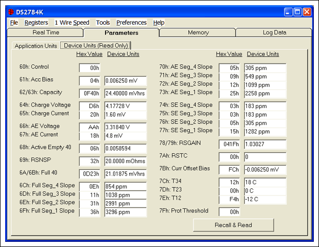 図2. ParametersタブのDevice Unitsサブタブに、実際にDS2784に格納されるパラメータが表示されます。