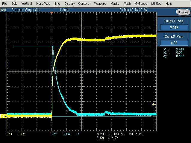 Figure 3. Plot shows the inrush current into a bulk electrolytic capacitor and the voltage across the capacitor as it charges up.