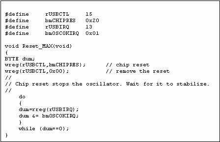 図9. サンプルコードは、MAX3420Eをリセットし、OSCOKを待ってから動作に入ります。