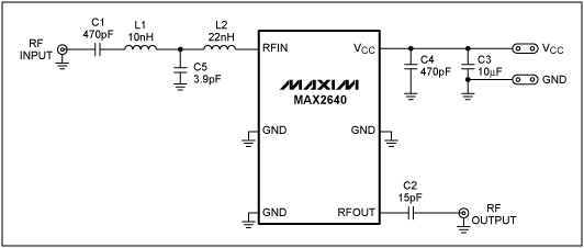 図1. MAX2640を470MHz～770MHzのISDB-Tアプリケーション用にチューニングする回路を提示しています。