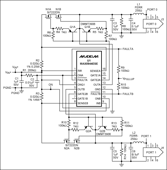 図2. マキシムのUL認定済みデュアルポートのFireWire保護回路に必要な接続