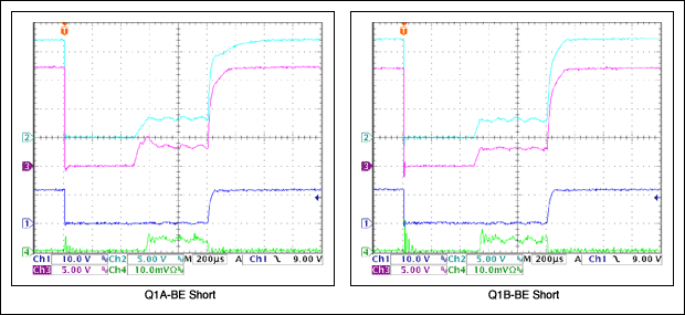 図9B. Q1AまたはQ1Bのベース-エミッタ間短絡の影響を示す波形。異常動作がなく、基準波形とほぼ同じ動作を示します。