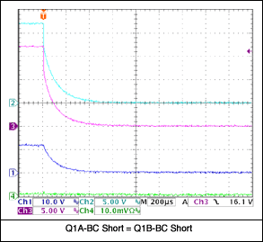 Q1AまたはQ1Bのベース-コレクタ間短絡によって、GATE2と出力間の短絡が生じます。したがって、どちらのFETもターンオンしません。回路があらかじめオンにされていた場合、回路は安全にシャットダウンします。