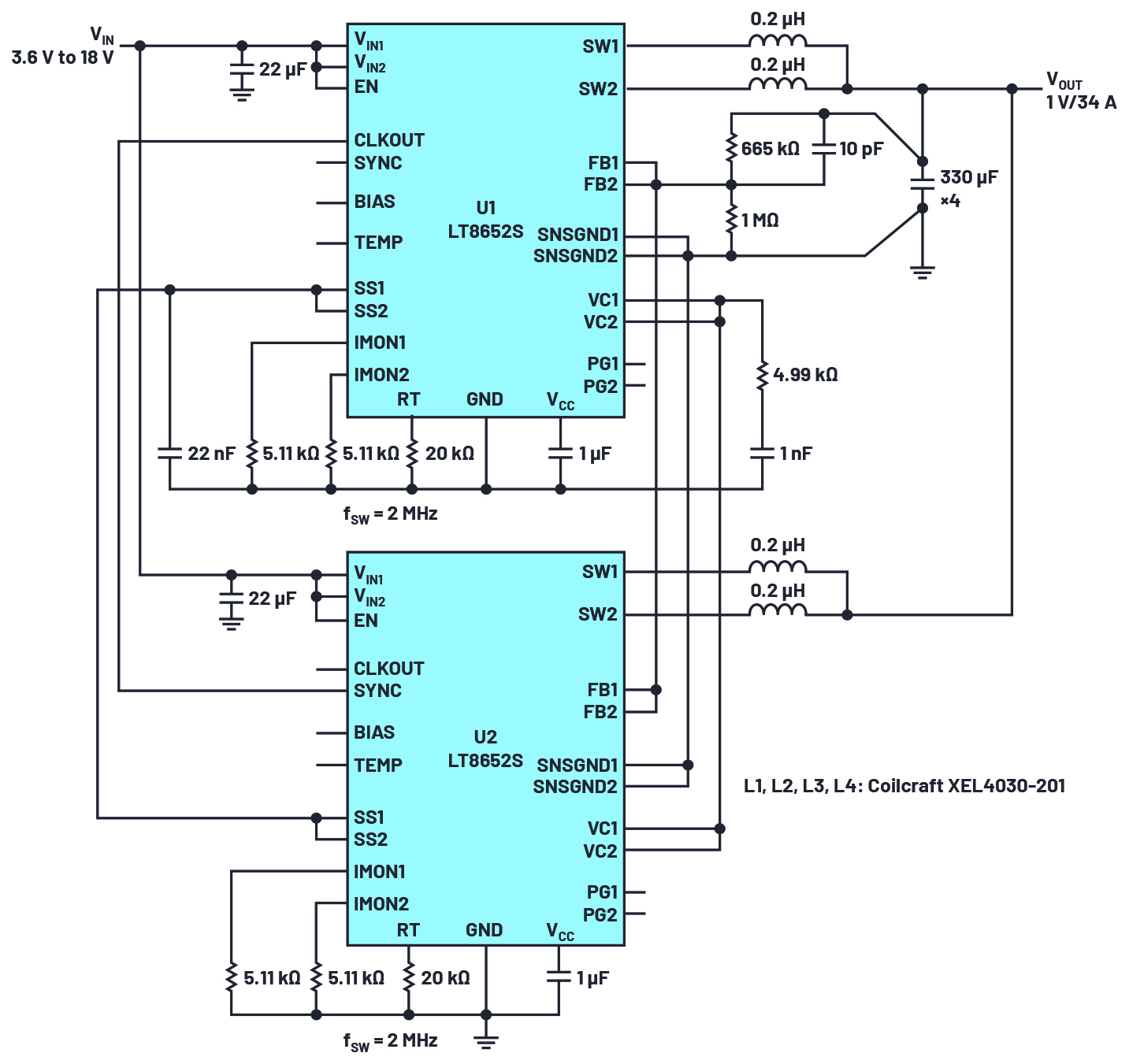 図7. SoCアプリケーション向けの4相、1V/34A、2MHzソリューション。