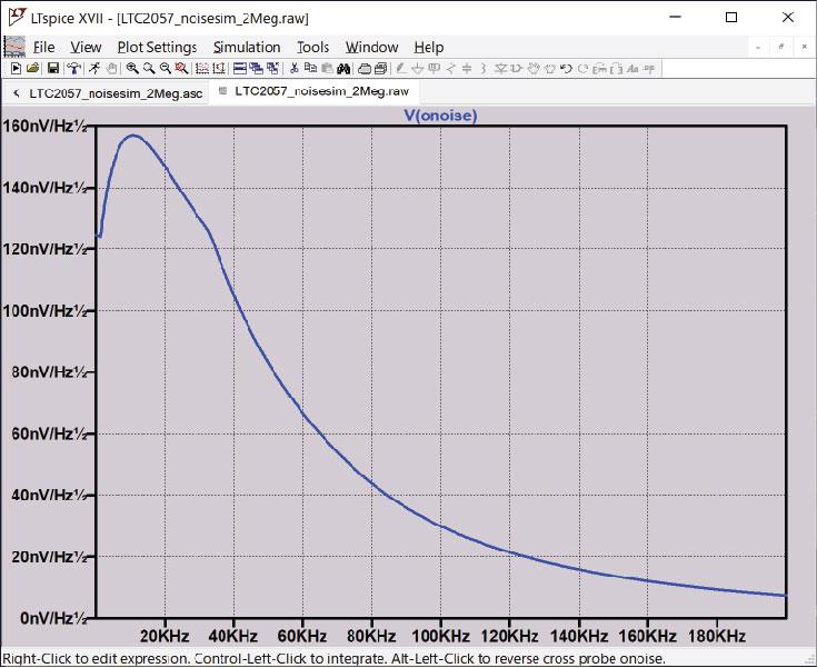図23 非反転ゲインを+10に設定したLTC2057の出力ノイズをLTspiceでシミュレート。LTspiceはノイズを積分するためのシンプルなツールを提供しますが、シミュレーションの結果は、更に解析を行うためにエクスポートして、Pythonにインポートすることができます。