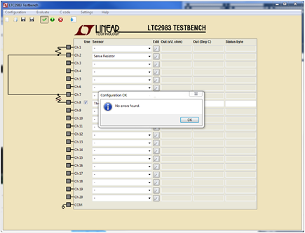 Figure 9. The TestBench GUI can validate a config including checks for overlapping leads and missing Rsense connections.