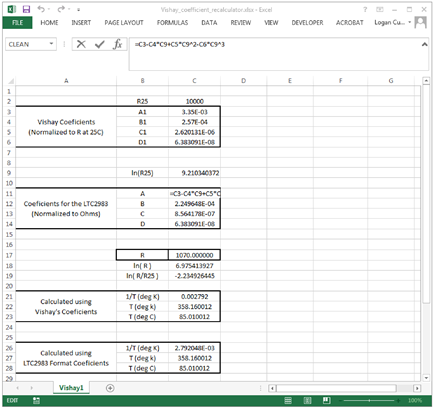 Figure 14. Using a spreadsheet to convert coefficients between Vishay