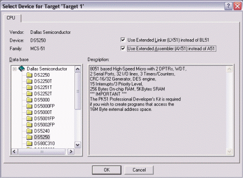 Figure 1.  Selecting the DS5250 for a new Keil µVision2 Project.