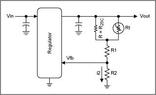 Figure 6. The resistance mode linearized thermistor circuit is applied to the feedback network of a voltage regulator. It essentially replaces a portion of one of the normal feedback resistors - that portion being dependent upon the required temperature coefficient of the regulator's output. 