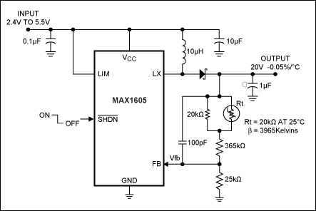 Figure 7. An NTC thermistor is used with the MAX1605 boost converter to realize the resistance mode design example as described in the text.