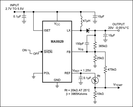 Figure 10. An NTC thermistor is used with the MAX629 boost converter to realize the voltage mode design example with Vref 2xVfb as described in the text. The MAX629 was chosen because its REF pin may be utilized to bias the thermistor linearizing circuit.