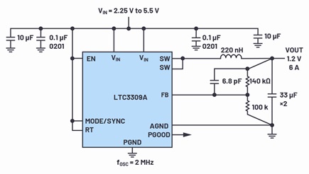 The LTC3309A application schematic delivering 6 A at 1.2 V