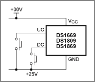 Figure 4. A digital pot floating between +25V and +30V with internally debounced switches.