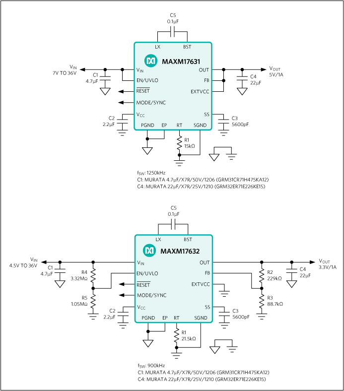 MAXM17630、MAXM17631、MAXM17632：標準アプリケーション回路