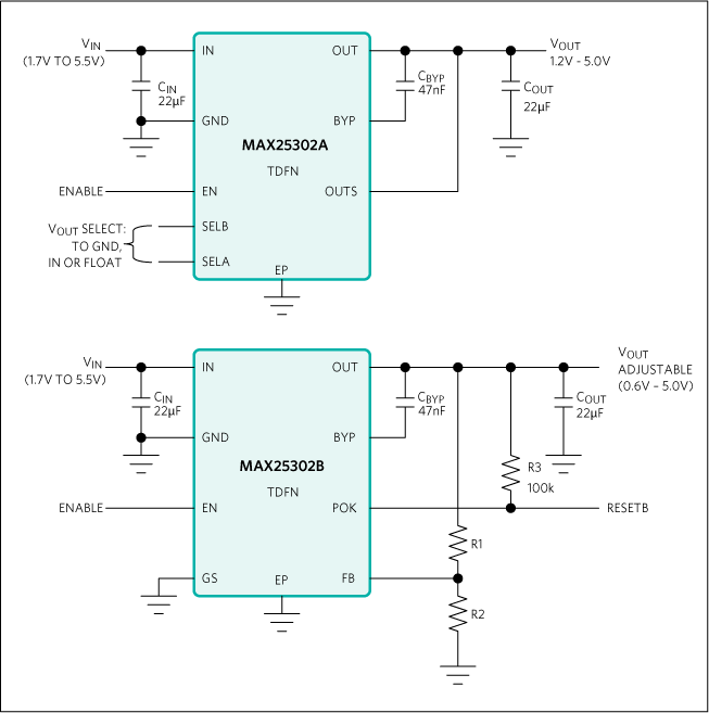 MAX25302A、MAX25302B：標準動作回路