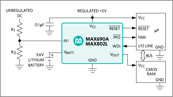 MAX690A、MAX692A、MAX802L、MAX802M、MAX805L：標準動作回路