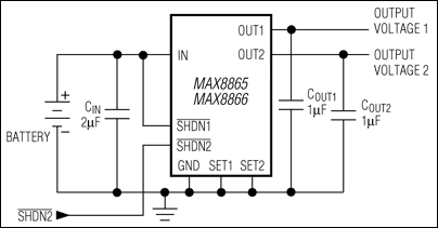 MAX8865R、MAX8865S、MAX8865T、MAX8866R、MAX8866S、MAX8866T：標準動作回路