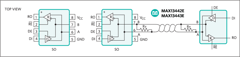 MAX13442E、MAX13443E、MAX13444E：ピン配置および標準動作回路