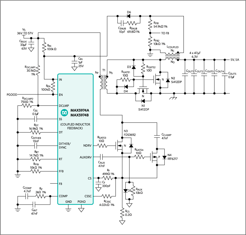 MAX5974A、MAX5974B：標準アプリケーション回路