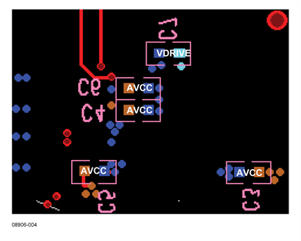 Bottom Layer Decoupling Showing Capacitors on the Four AVCC Pins and the VDRIVE Pin