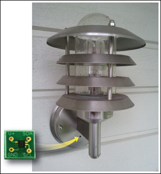 Figure 5. Ambient light sensor PCB (picture on the left) is mounted inside the luminaire chassis (small black dot visible at the bottom of the chassis). Luminaire photo courtesy of Marko Kannisto