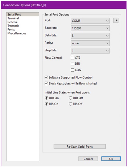 Figure 3. CoolTerm connection options for MAXREFDES277# setup.