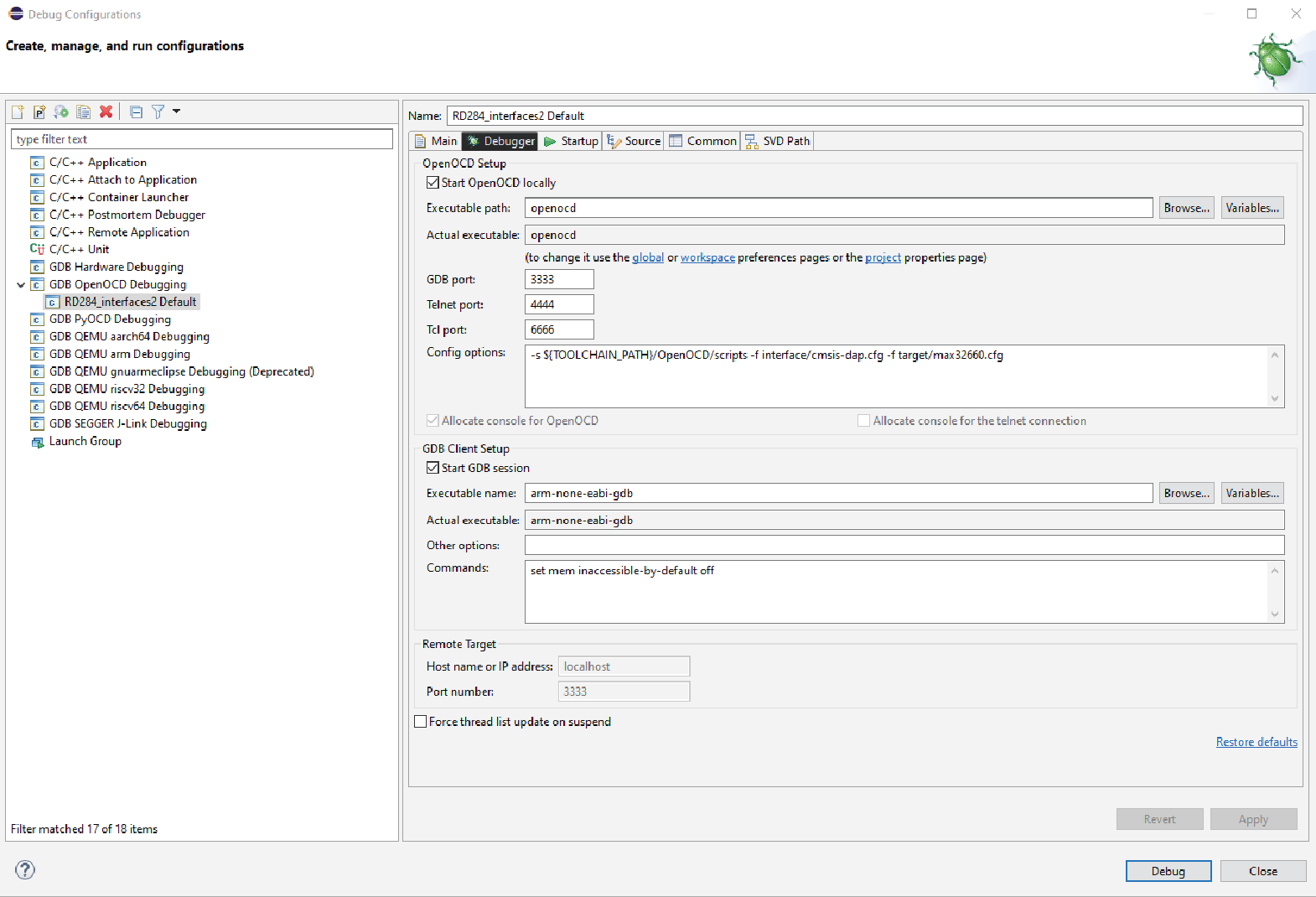 Figure 20. RD284_interfaces2 Debugger Tab Configuration Settings.