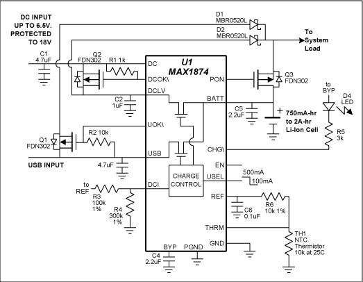 図4. 外部から電源が印加されたとき、SOT-23型のMOSFETが過電圧保護及びバッテリの遮断などの有用な機能を実現する。アクティブな電源が、バッテリの充電を止めることなくシステムを直接駆動する。