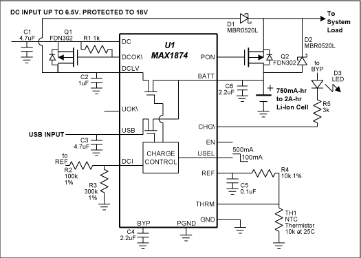 図5. 簡略化した設計では、USB電源を負荷へ直接接続するのではなく、DC入力を接続します。USBが接続されると、システムはまだ給電されているが、それは充電されているバッテリから行われている。