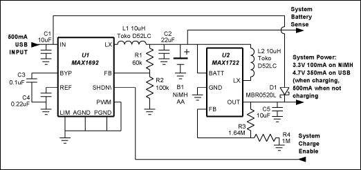 図6. シンプルなNiMH充電/電源構成で、複雑なMOSFETスイッチアレイなしで電源をUSBに自動切替え