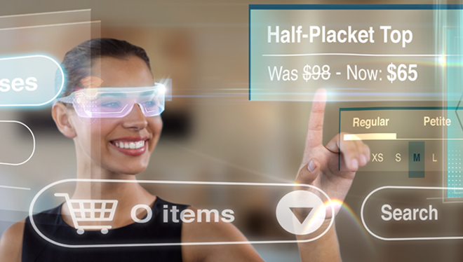 Woman shopping for a blouse within a virtual reality metaverse space while wearing augmented reality glasses.