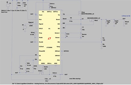 Figure 9. LTC3896 circuit simulated with LTspice.