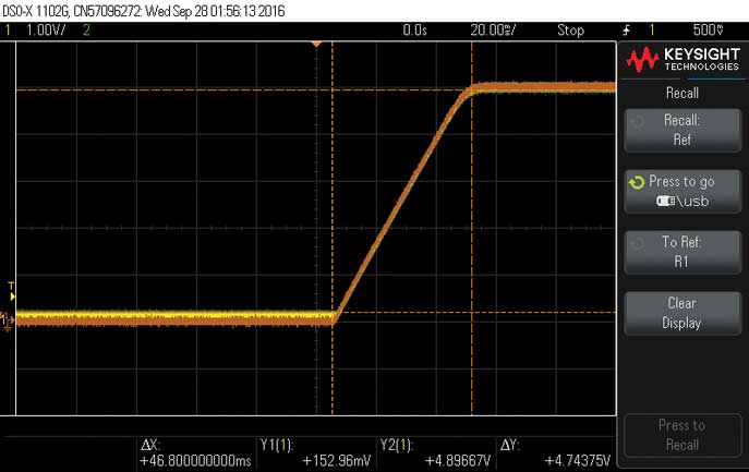 図4. LT8640：C8 = 0.1μF、負荷電流0A（黄）と4A（茶）でのスタートアップ時間は約50ms